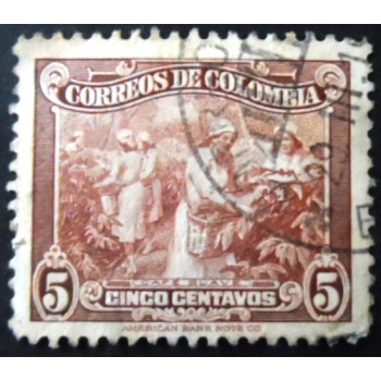 Imagem similar à do selo postal da Colômbia de 1939 Coffee picking 5 U