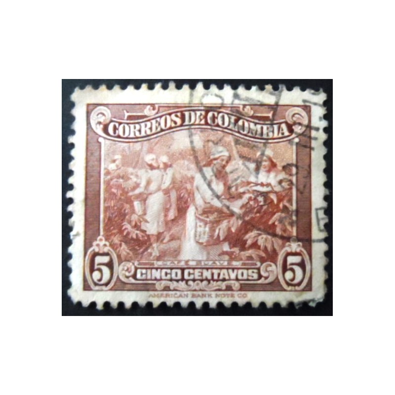 Imagem similar à do selo postal da Colômbia de 1939 Coffee picking 5 U