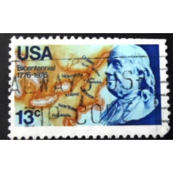 Selo postal dos Estados Unidos de 1976 Franklin and Map of North America