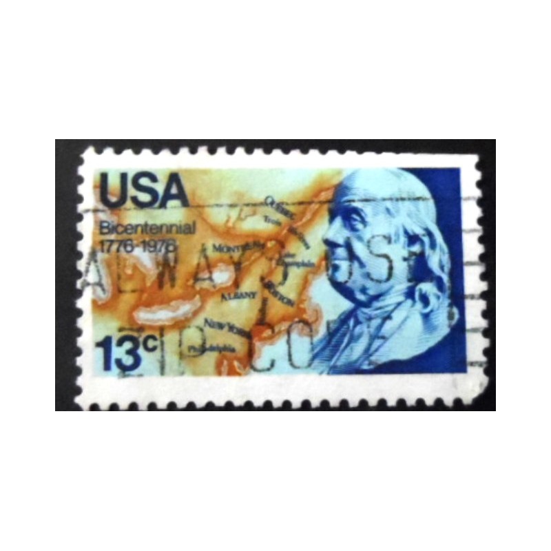 Selo postal dos Estados Unidos de 1976 Franklin and Map of North America