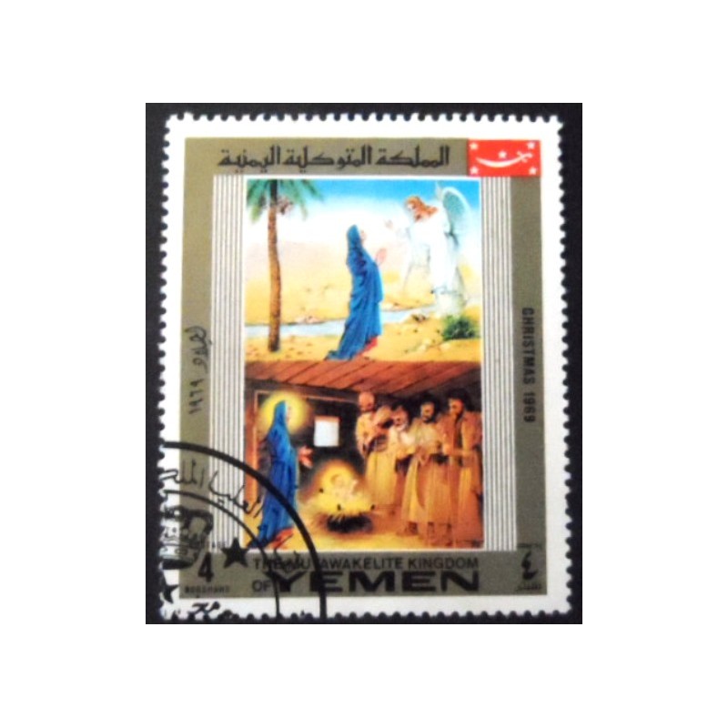 Imagem do selo postal do Reino do Yemen de 1969 The Virgin and the angel anunciado