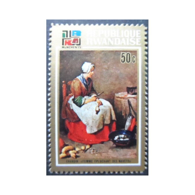 Selo postal de Ruanda de 1973 Woman Peeling Turnips by Chardin