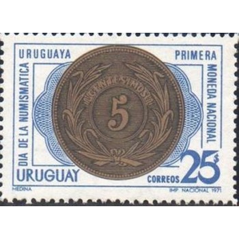 Selo postal do Uruguai de 1971 First uruguayan coin 25 N