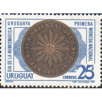 Selo postal do Uruguai de 1971 - First uruguayan coin 25 N