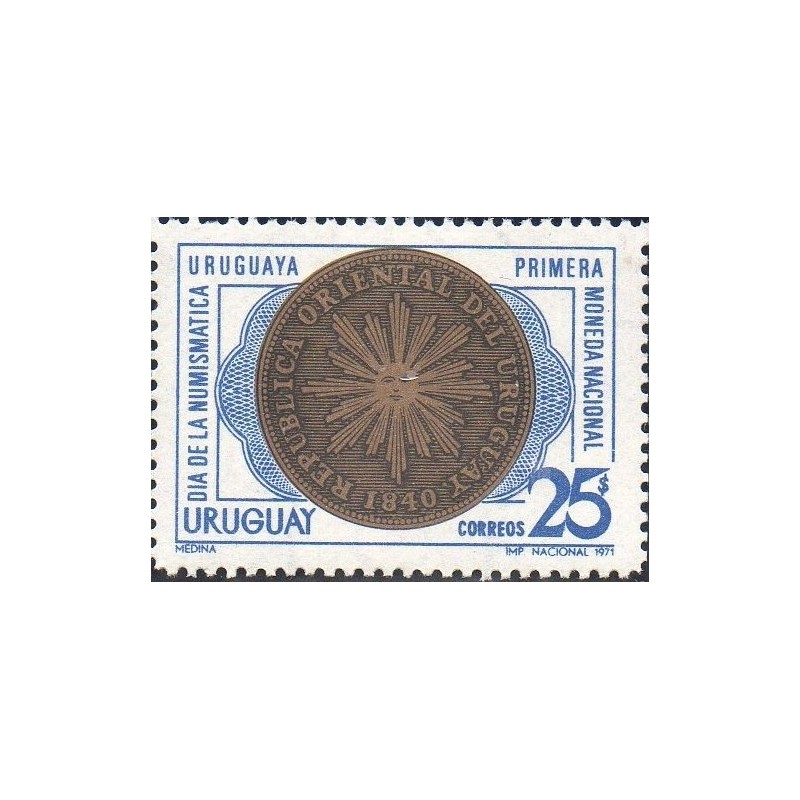 Selo postal do Uruguai de 1971 - First uruguayan coin 25 N