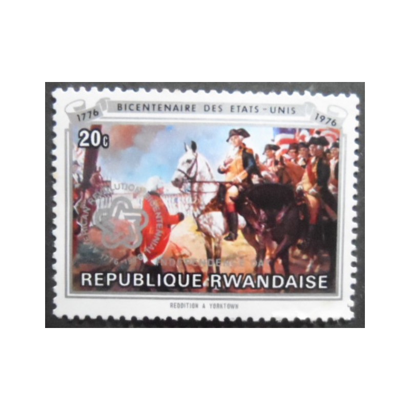 Selo postal da Ruanda de 1976 Surrender at Yorktown overprinted