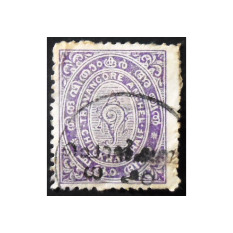 Selo postal de Travancore de 1910 State Emblem Conch Shell ½