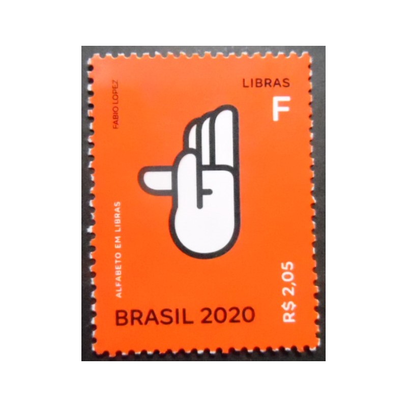 Selo postal do Brasil de 2020 Letra F em Libras