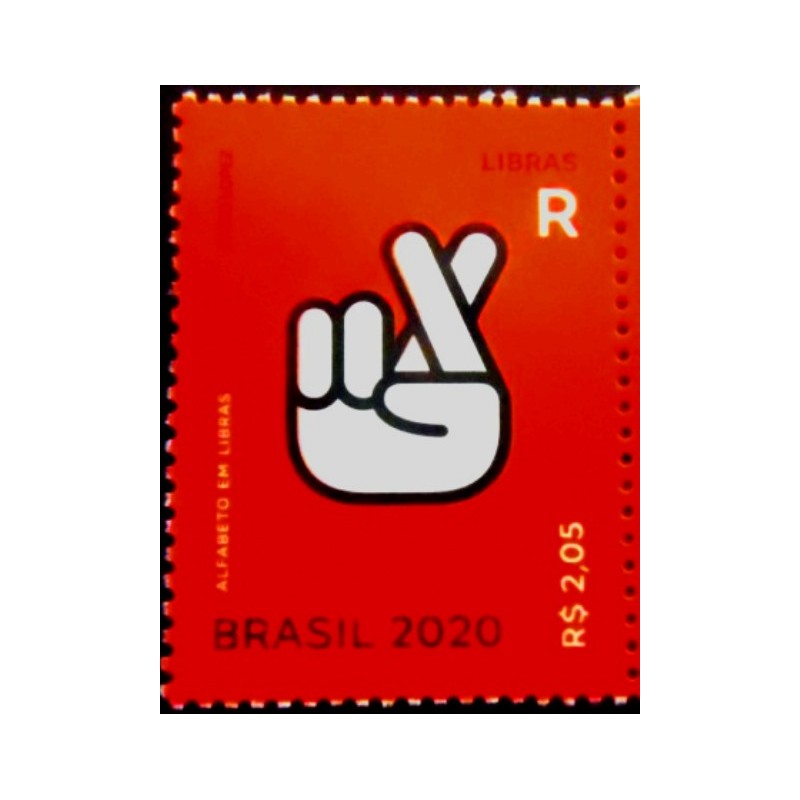 Selo postal do Brasil de 2020 Letra R em Libras