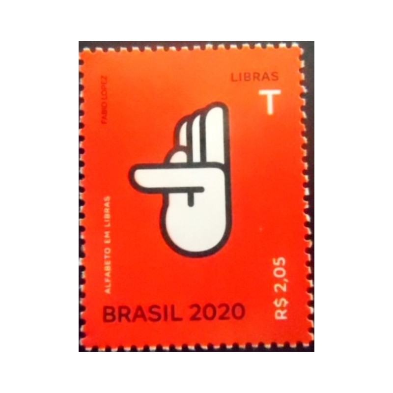 Selo postal do Brasil de 2020 Letra T em Libras