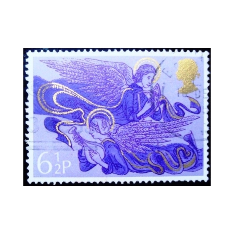 Imagem similar á do selo postal do Reino Unido de 1975 Angels with Harp and Lute