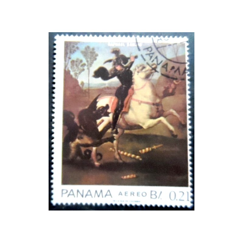 Selo postal do Panamá de 1967 St. George and the Dragon by Raphael