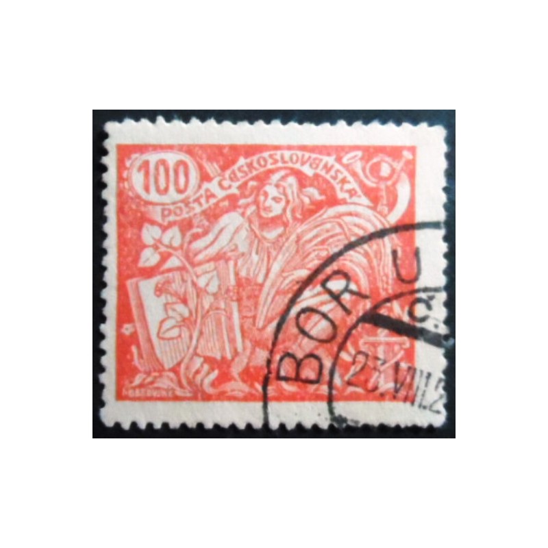 Imagem similar à do selo postal da Tchecoslováquia de 1923 Agriculture and Science 100 vermelho
