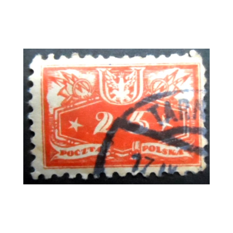 Selo postal da Polônia de 1920 Face Value below Coat of Arms 25