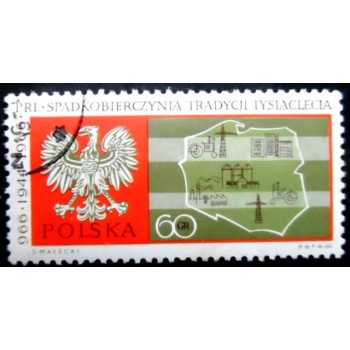 Selo postal da Polônia de 1966 Eagle and Map of Poland