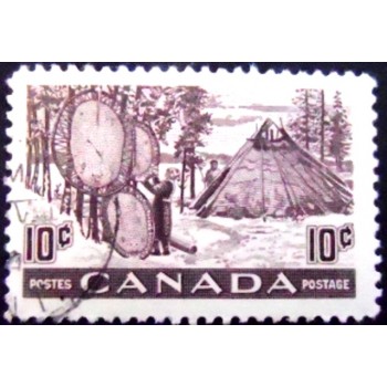 Imagem similar à do selo postal do Canadá de 1950 Indians Drying Skins U