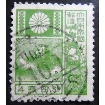 Selo postal do Japão de 1937 Mt Fuji and Deer Green 4 U