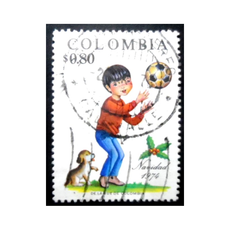 Selo postal da Colômbia de 1974 Boy Puppy and Soccer Ball