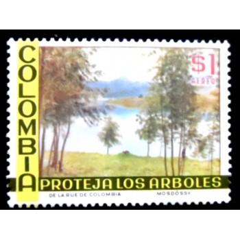 Selo postal da Colômbia de 1975 Trees and lake M