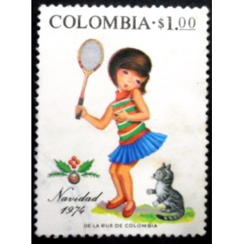 Selo postal da Colômbia de 1974 Girl with tennis racket N