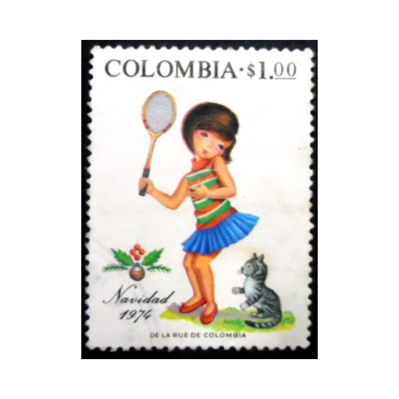 Selo postal da Colômbia de 1974 Girl with tennis racket N