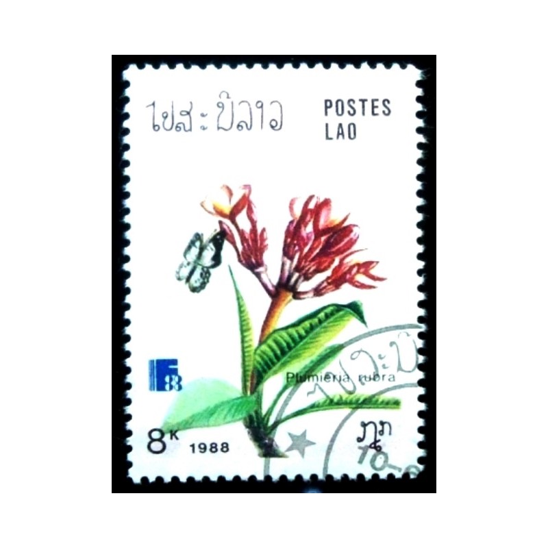 Selo postal do Laos de 1988 Plumeria Rubra MCC