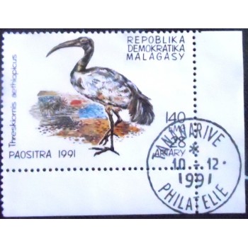 Imagem do selo postal anunciado de Madagascar de 1991 Sacred Ibis