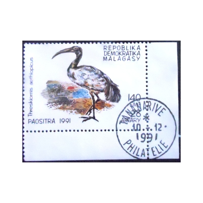 Imagem do selo postal anunciado de Madagascar de 1991 Sacred Ibis