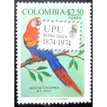 Selo postal da Colômbia de 1974 Scarlet Macaw