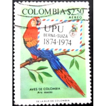 Selo postal da Colômbia de 1974 Scarlet Macaw U