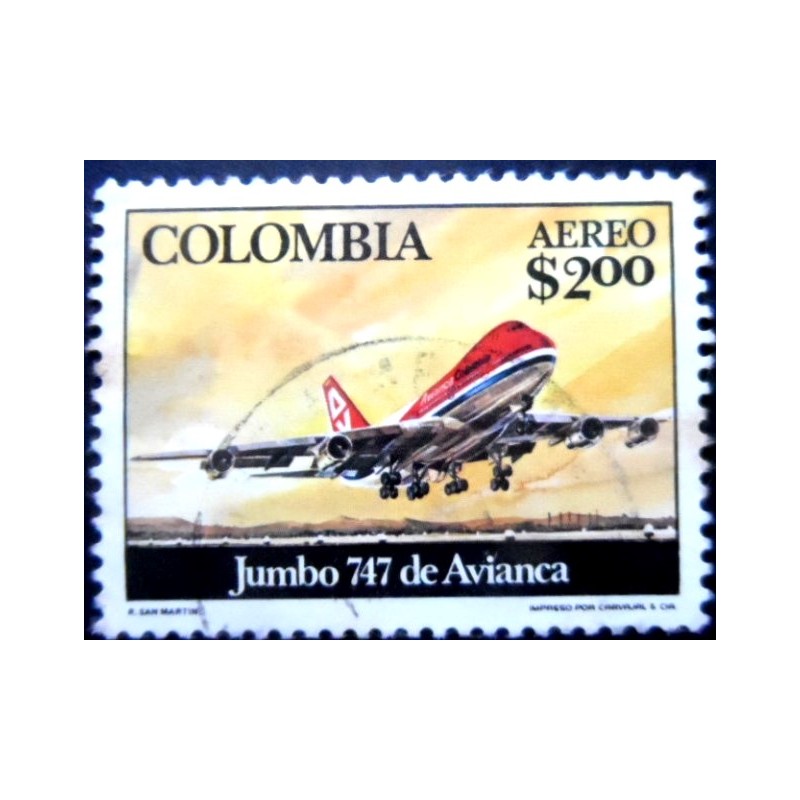 Selo postal da Colômbia de 1976 747 Jumbo Jet