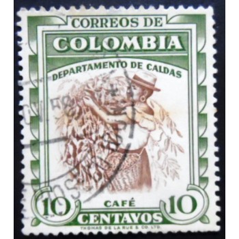 Selo postal da Colômbia de 1956 Coffee harvest Caldas 10 verde