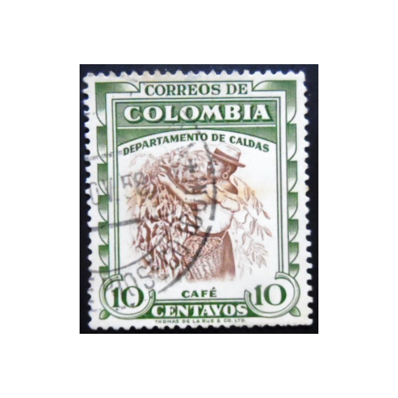 Selo postal da Colômbia de 1956 Coffee harvest Caldas 10 verde