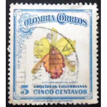 Selo postal da Colômbia de 1947 Cattleya Dowiana Aurea