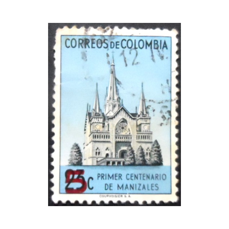 Selo postal da Colômbia de 1953 Cathedral of Manizales Overprinted