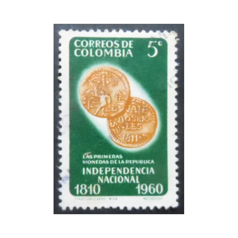 Selo postal da Colômbia de 1960 First coins of Republic