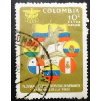 Selo postal da Colômbia de 1961 Simon Bolivar Statue Flags