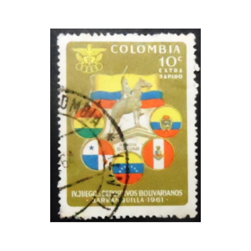 Selo postal da Colômbia de 1961 Simon Bolivar Statue Flags