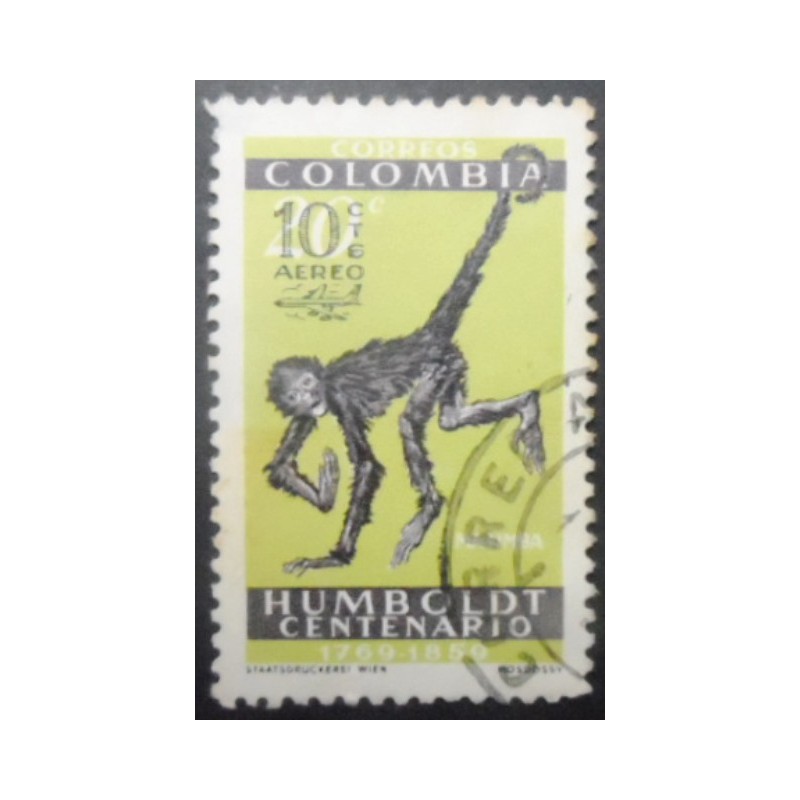 Imagem similar à do selo postal da Colômbia de 1961 Variegated Spider Monkey overprinted