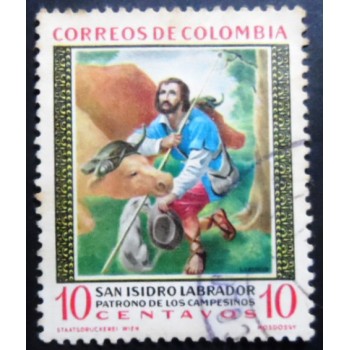 Selo postal da Colômbia de 1960 St. Isidore with farm animals U