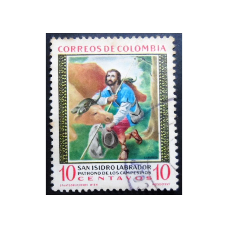 Selo postal da Colômbia de 1960 St. Isidore with farm animals U