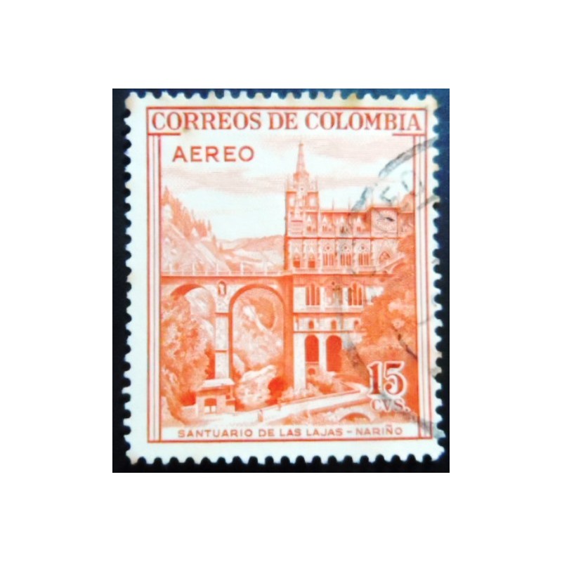 Imagem similar à do selo postal da Colômbia de 1954 Las Lajas Shrine