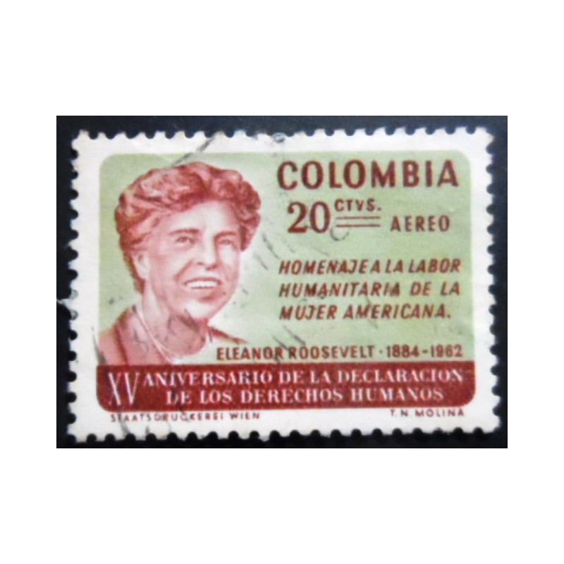 Imagem similar à do selo postal da Colômbia de 1964 Eleanor Roosevelt