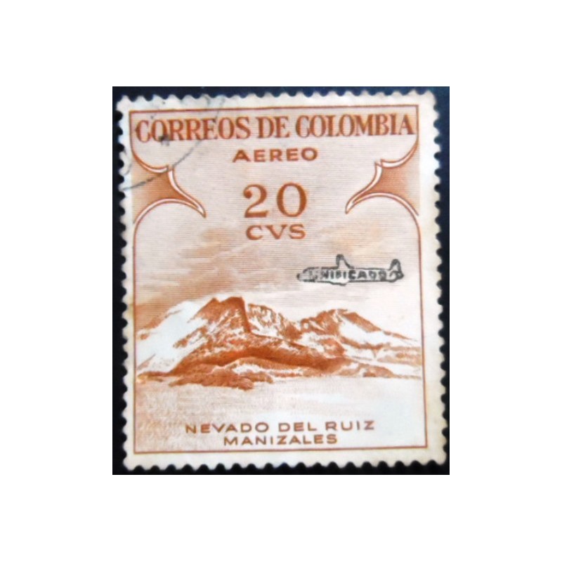 Selo postal da Colômbia de 1959 - Nevado del Ruiz Overprinted 20