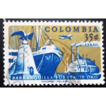 Selo postal da Colômbia de 1961 Ships in Barranquilla Harbour