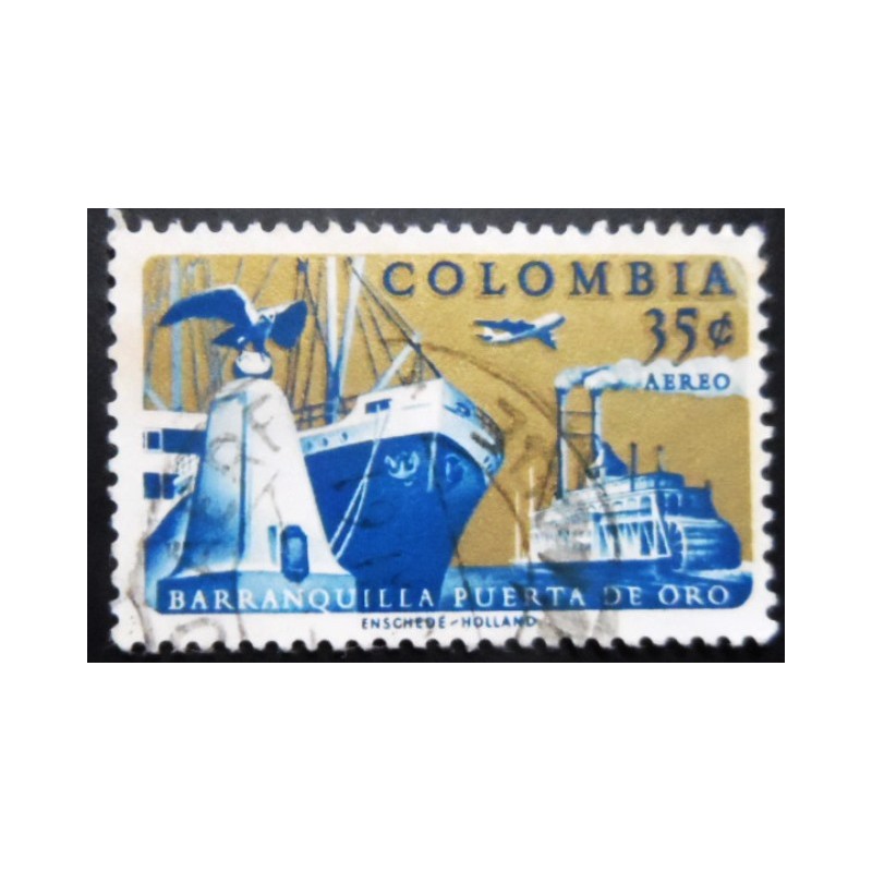 Selo postal da Colômbia de 1961 Ships in Barranquilla Harbour