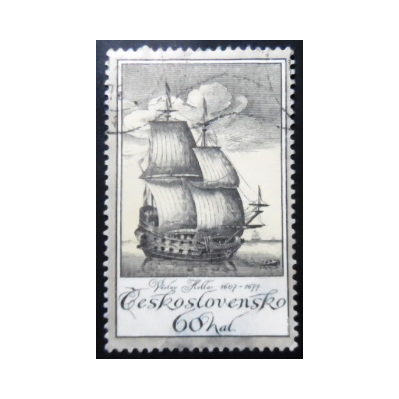 Selo postal da Tchecoslováquia de 1976 Dutch Merchantman by Vaclav Hollar