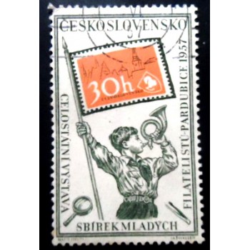 Selo postal da Tchecoslováquia de 1957 Pioneer and Philatelic Symbols