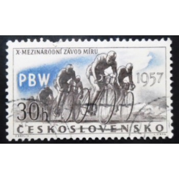 Imagem similar à do selo postal da Tchecoslováquia de 1957 Peace Cycling Race