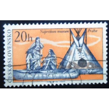 Selo postal da Tchecoslováquia de 1966 Indians canoe and tepee